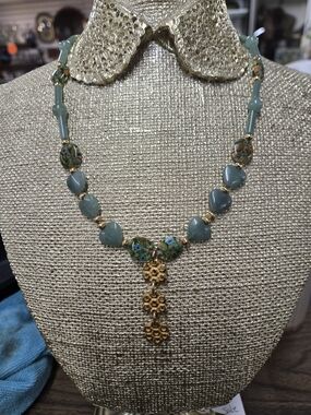 Handcrafted Green Glass Heart Necklace with Gold Accents